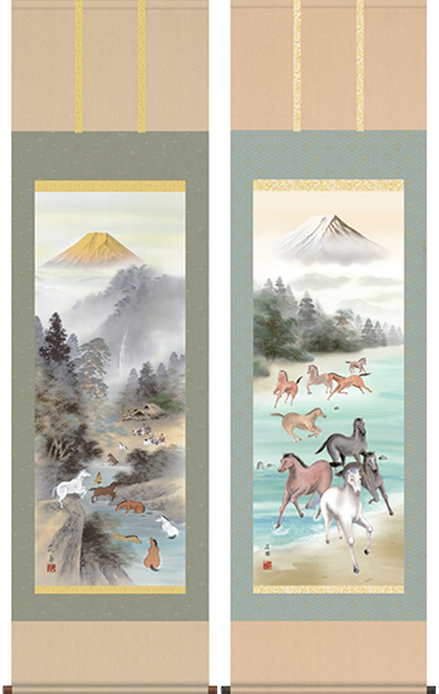 Какэдзику-японские свитки “Фудзияма и 9 лошадей”